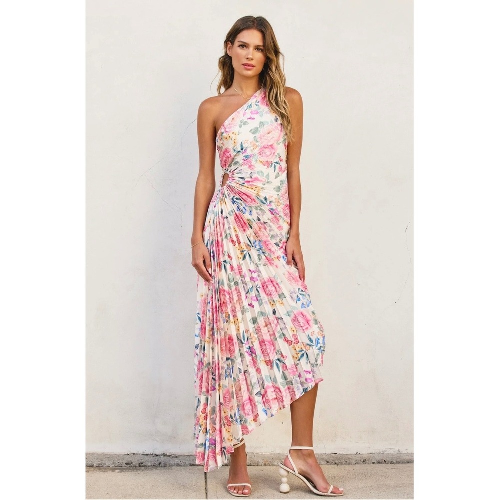 VICI Womens Floral One Shoulder Pleated Cutout Asymmetrical Midi Dress Medium